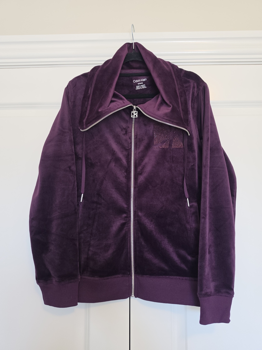 CALVIN KLEIN VELOUR RHINESTONE CK LOGO ZIP JACKET PURPLE SIZE M